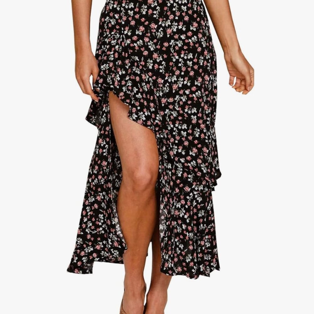 BTFBM Floral Maxi Skirt Size L Black Pink Ruffle Cottagecore